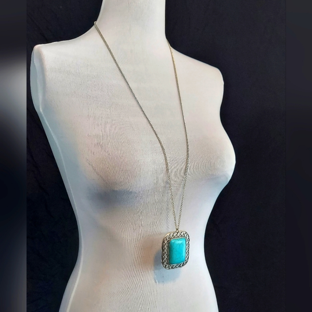 Large turquoise pendant long necklace